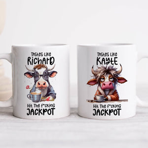 Funny custom coffee mug featuring humorous cow illustrations and playful text