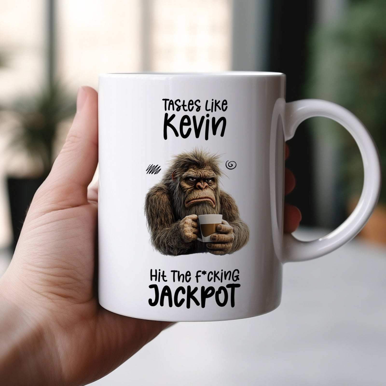 Funny custom coffee mug featuring a humorous graphic and text about Kevin with rustic design