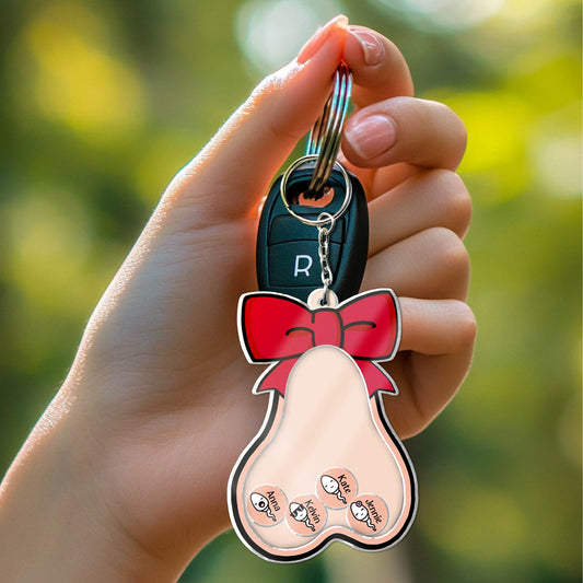 Funny custom dad gift keychain shaped like a bell with a red bow and personalized charms