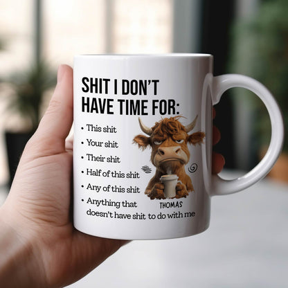 Funny custom gift for friends coffee mug featuring a humorous cow design and witty phrases