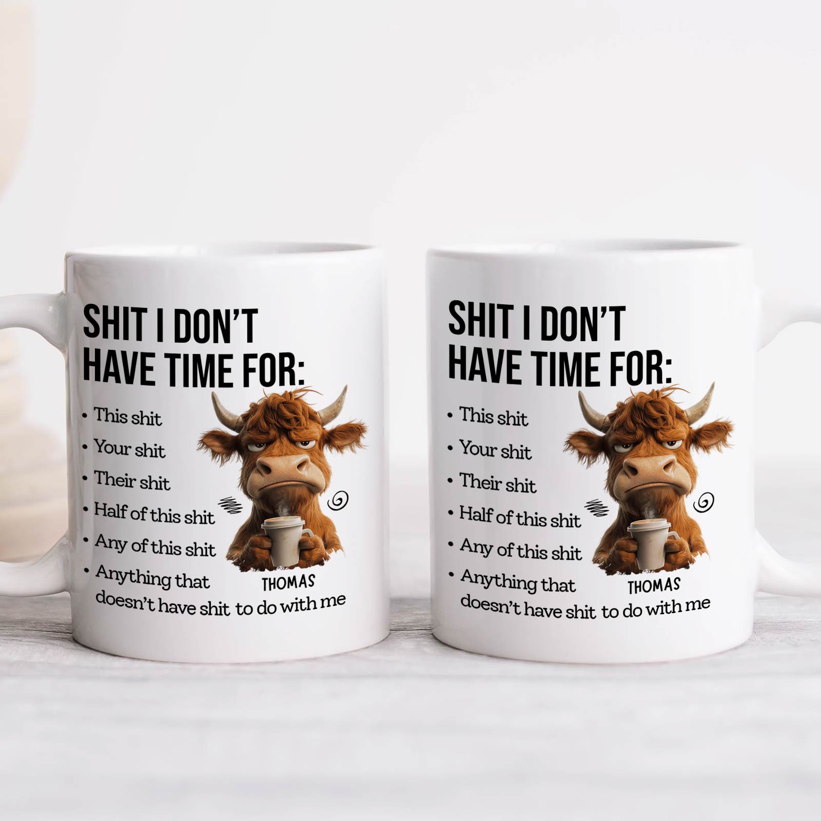 Funny custom gift for friends featuring a humorous mug with a cow design and witty text