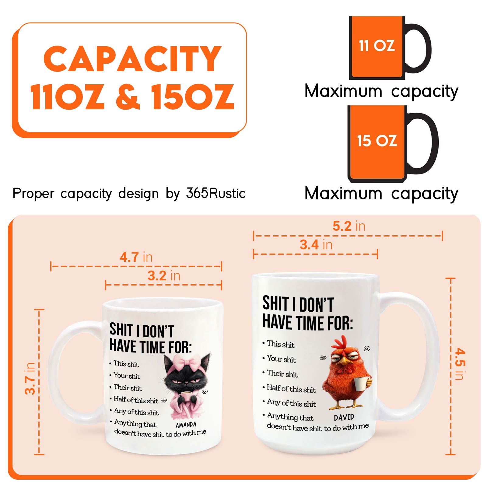Funny custom gift for friends featuring two humorous mugs with personalized designs and capacity details
