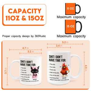 Funny custom gift for friends featuring two humorous mugs with personalized designs and capacity details