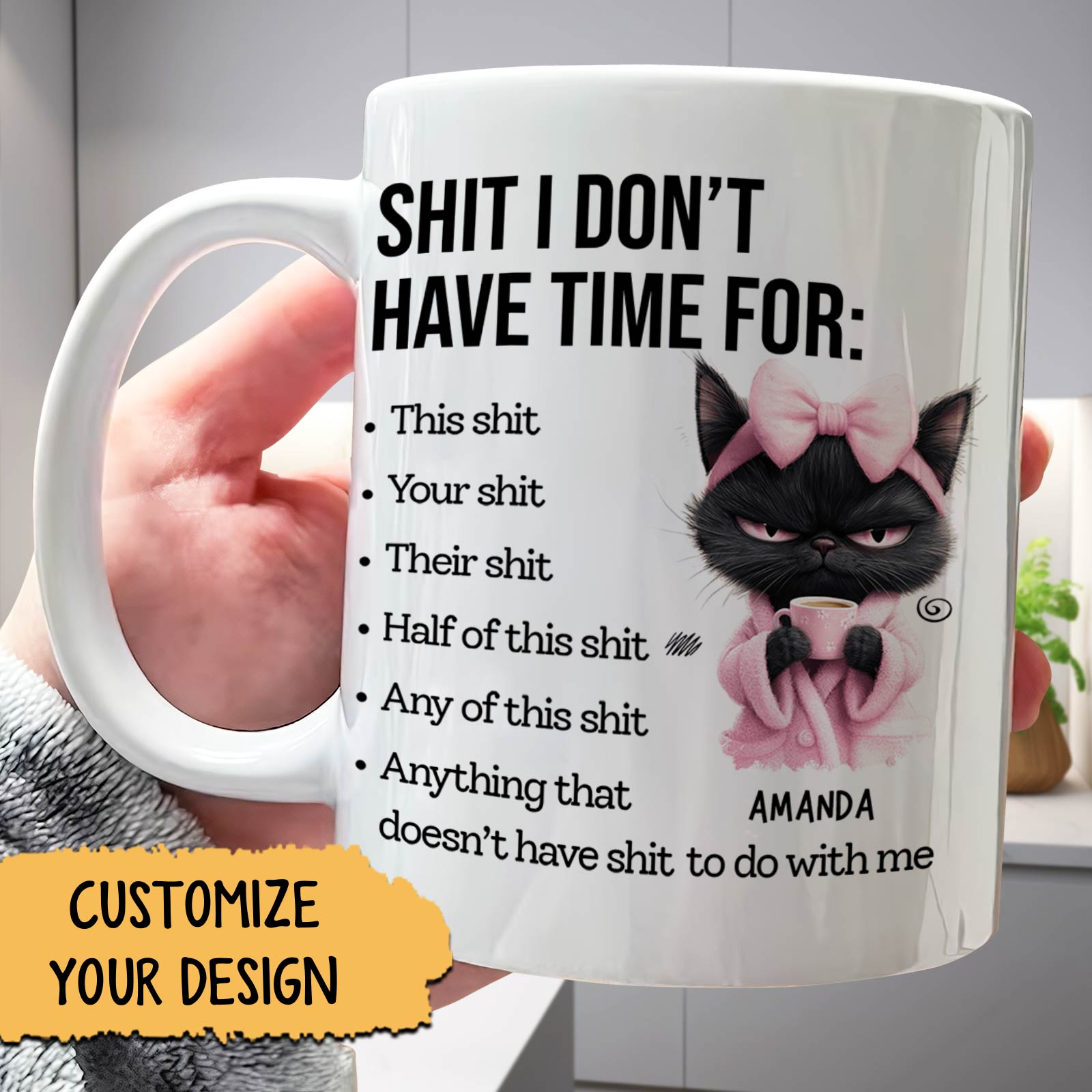 Funny custom gift for friends, personalized mug with humorous list and cat design