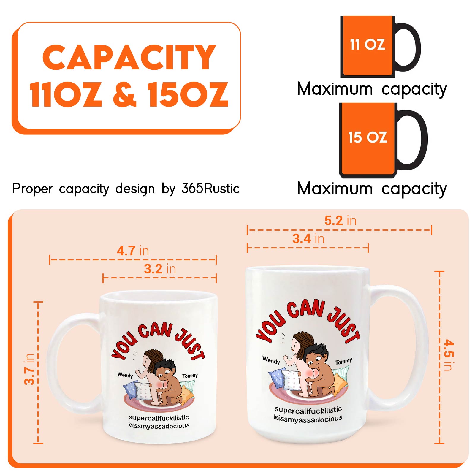 Funny custom mug for couples featuring playful cartoon design and capacity specifications