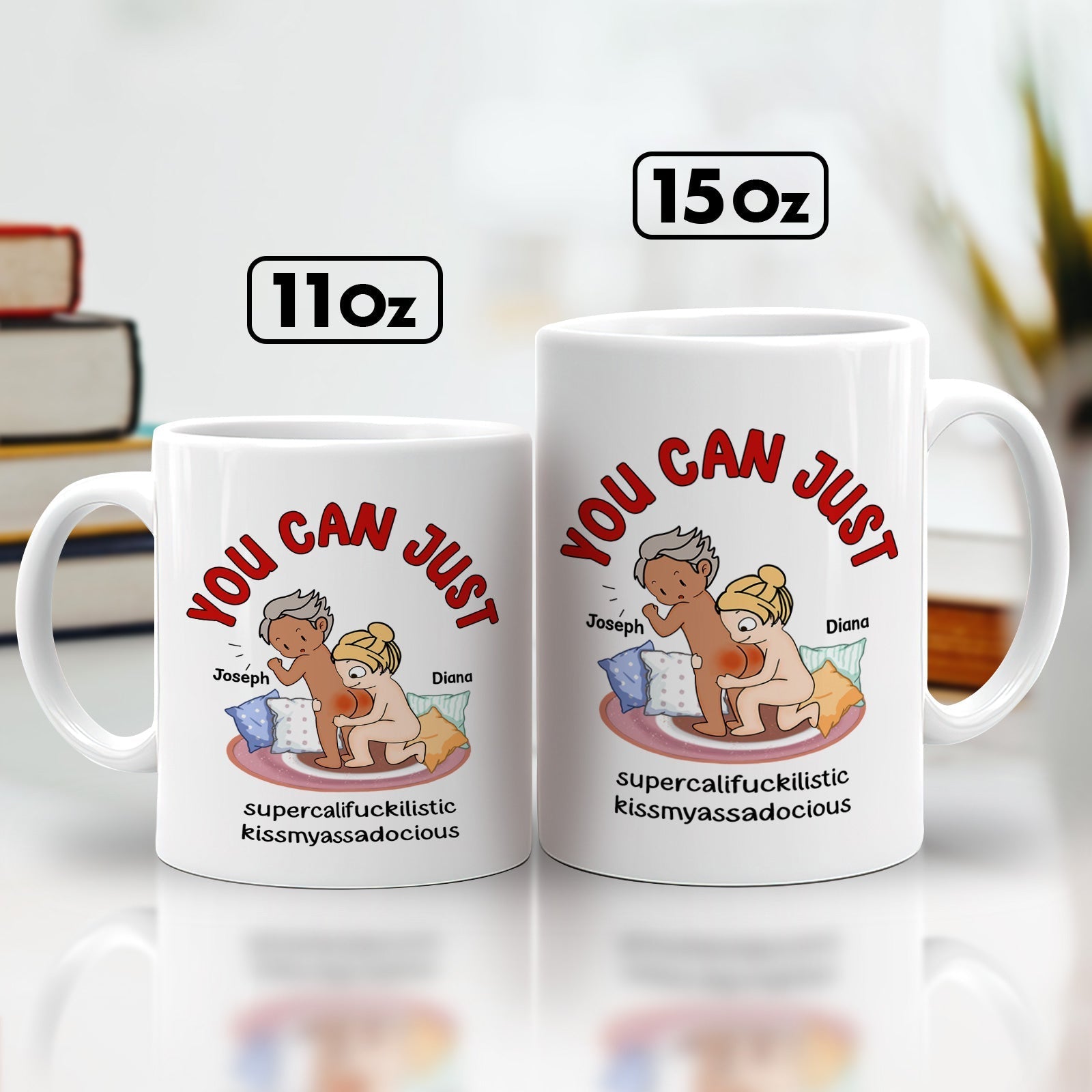 Funny custom mug for couples featuring playful illustration and text for a lighthearted gift