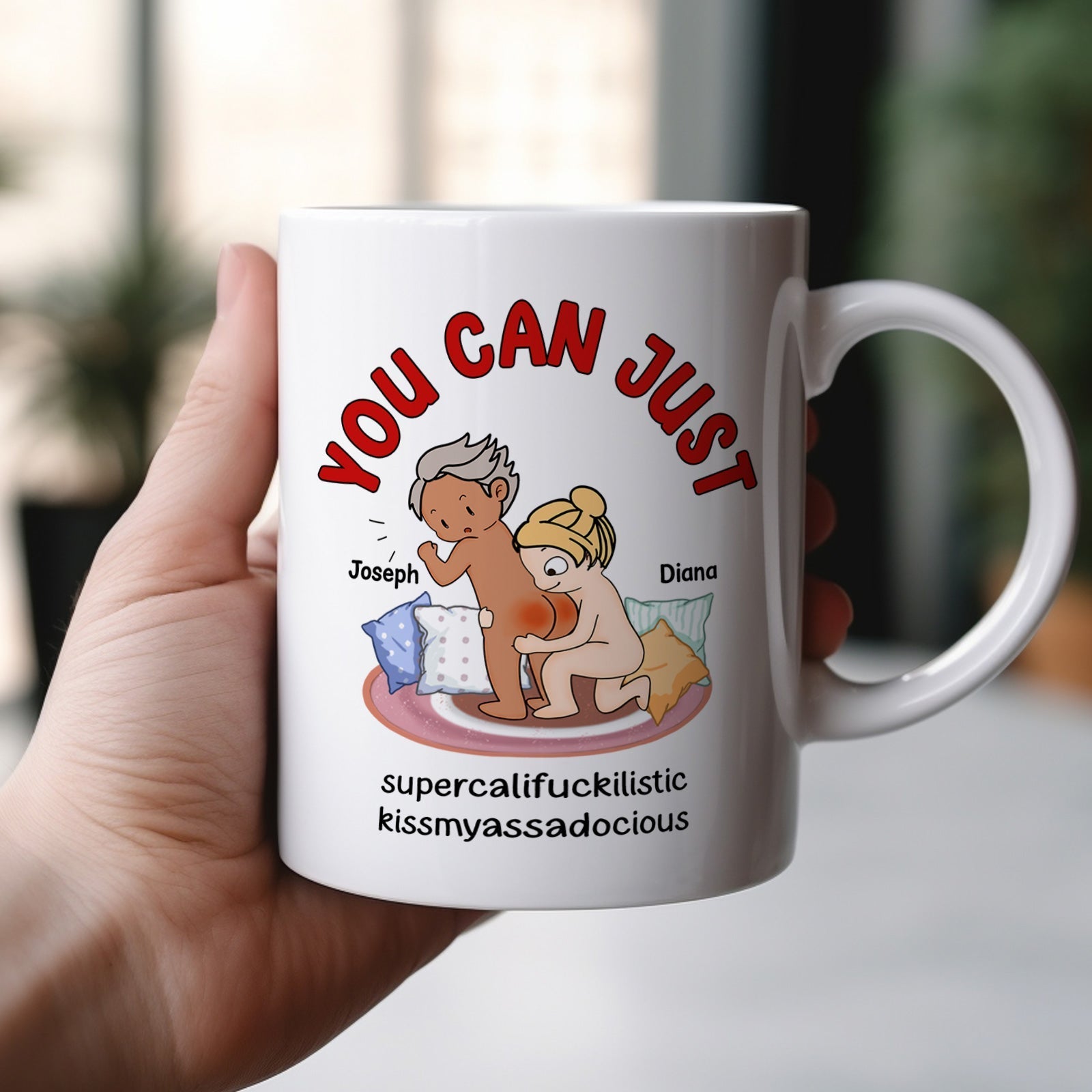 Funny custom mug for couples featuring playful cartoon couple design and humorous text