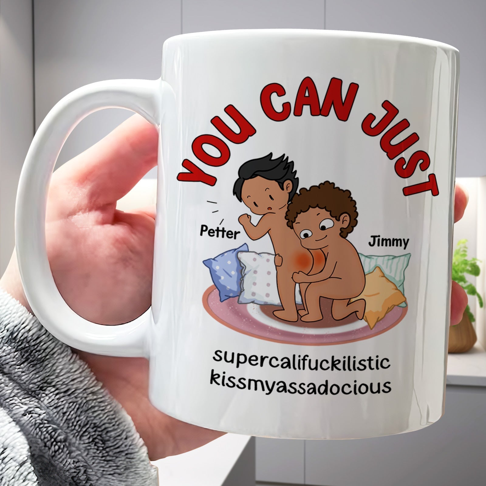 Funny custom mug for couples featuring humorous cartoon characters with playful text