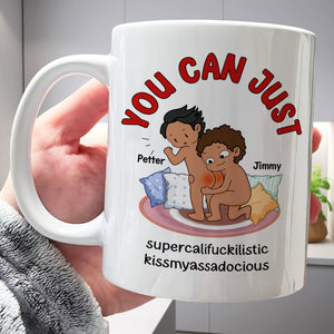 Funny custom mug for couples featuring humorous cartoon characters with playful text