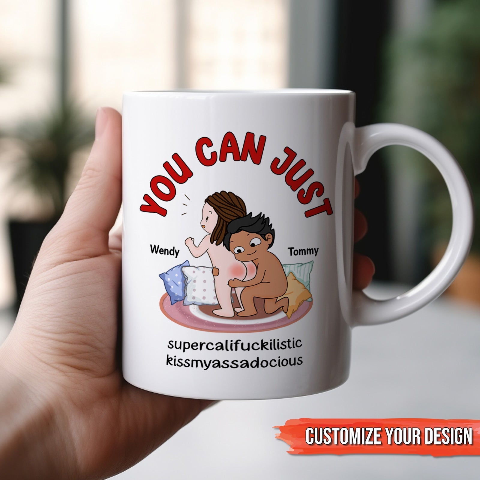 Funny custom mug for couples featuring playful design and personalized names Wendy and Tommy
