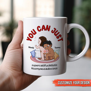 Funny custom mug for couples featuring playful design and personalized names Wendy and Tommy