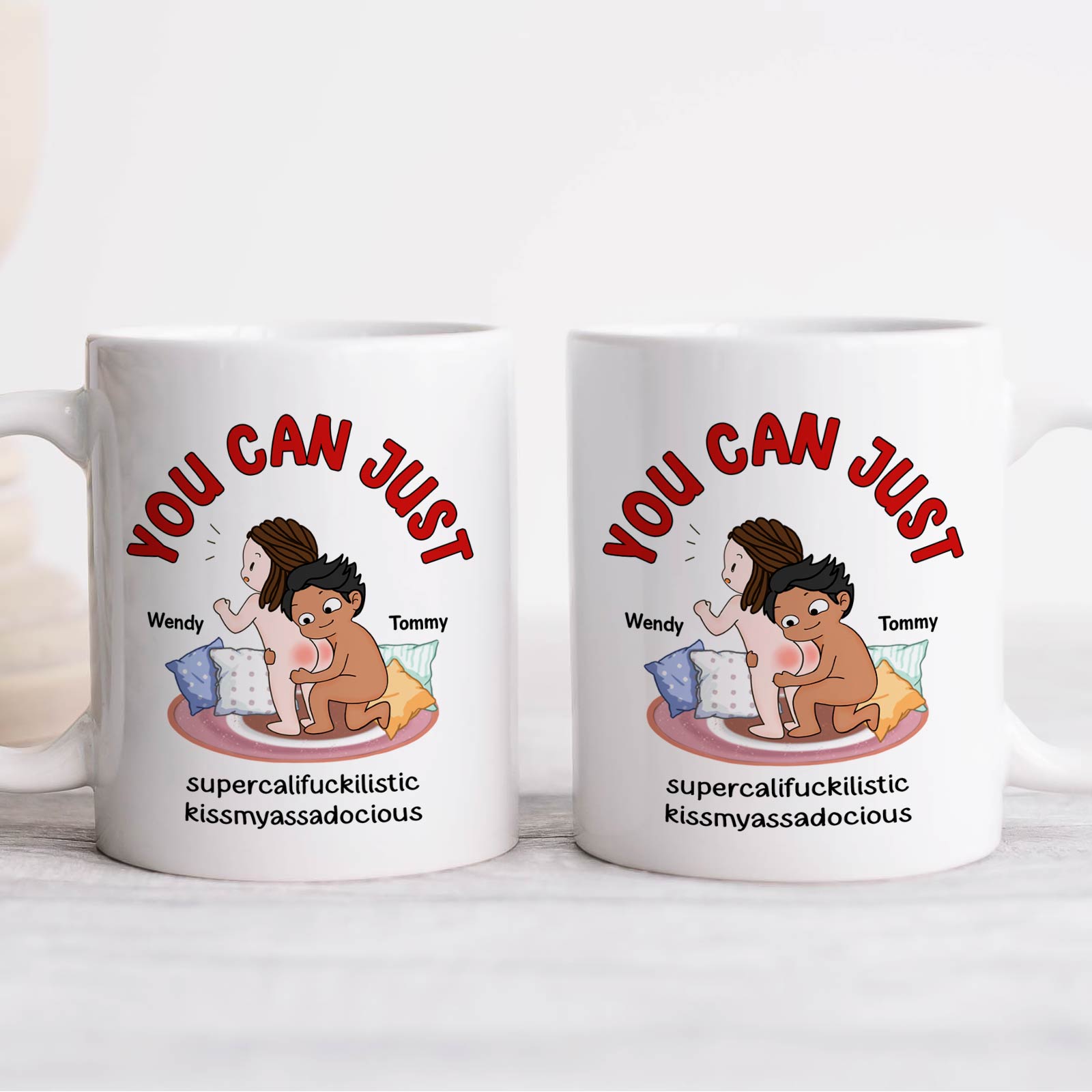 Funny custom mug for couples featuring playful cartoon illustration and humorous text