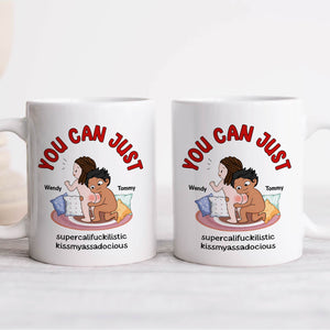 Funny custom mug for couples featuring playful cartoon illustration and humorous text