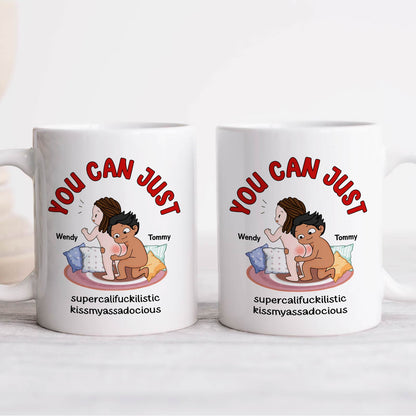 Funny custom mug for couples featuring playful cartoon illustration and humorous text
