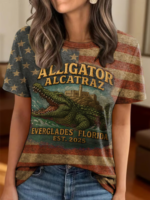 Funny Florida Everglades tee for women featuring alligator and Alcatraz design with American flag background