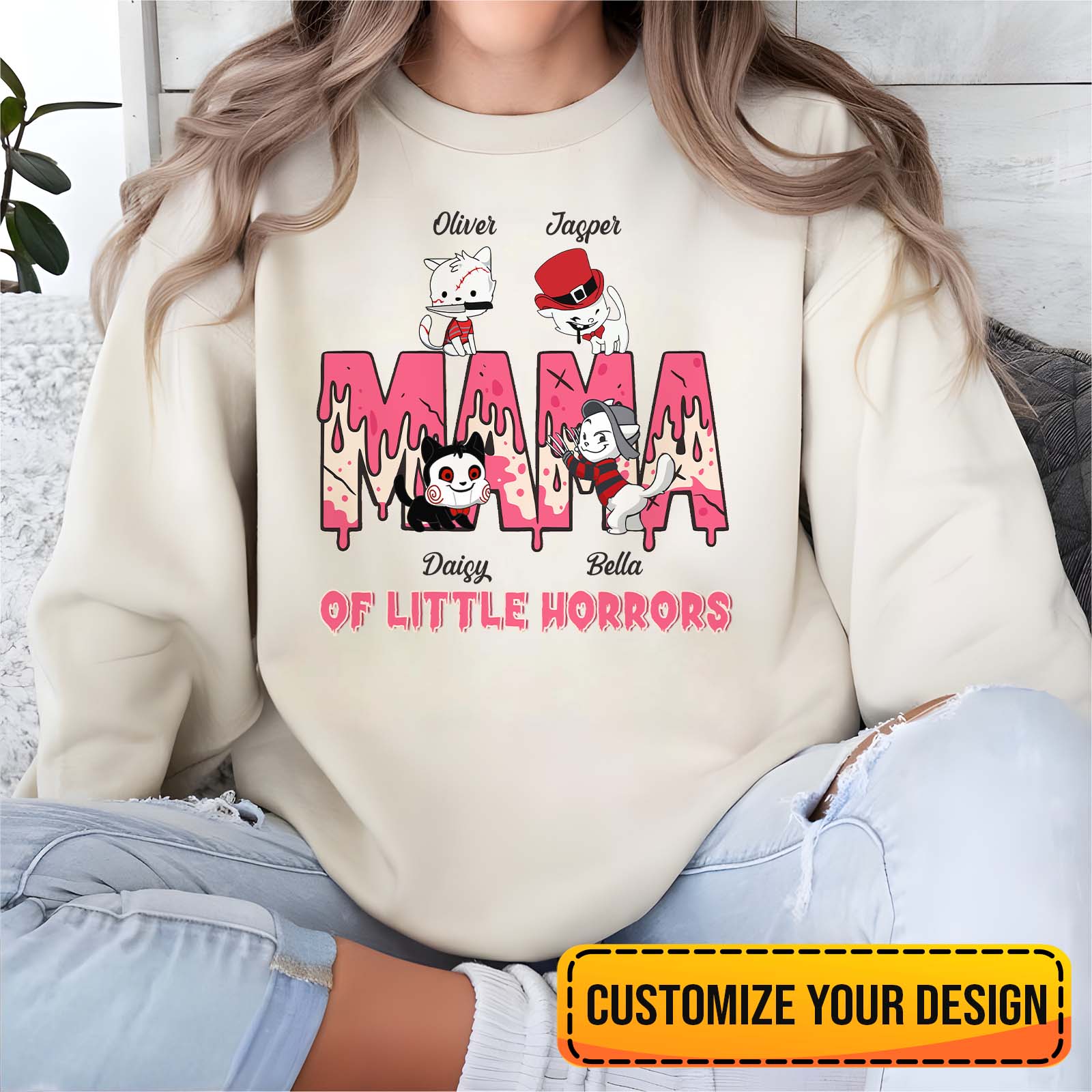 Funny Halloween cat mom shirt with cute cat illustrations and horror-themed design for cat moms