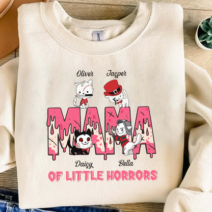 Funny Halloween cat mom shirt with cute cartoon cats and dripping pink MAMA text