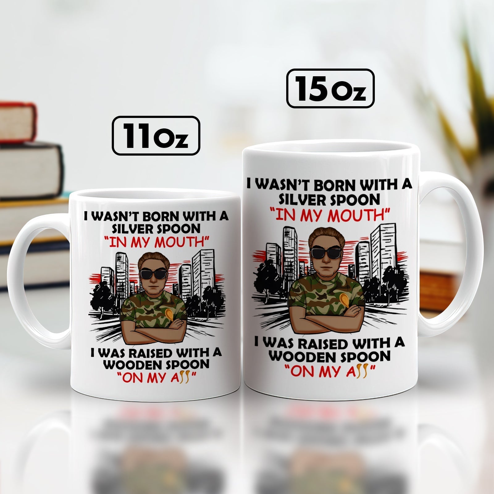 Funny personalized mug featuring a humorous quote about upbringing in two size options