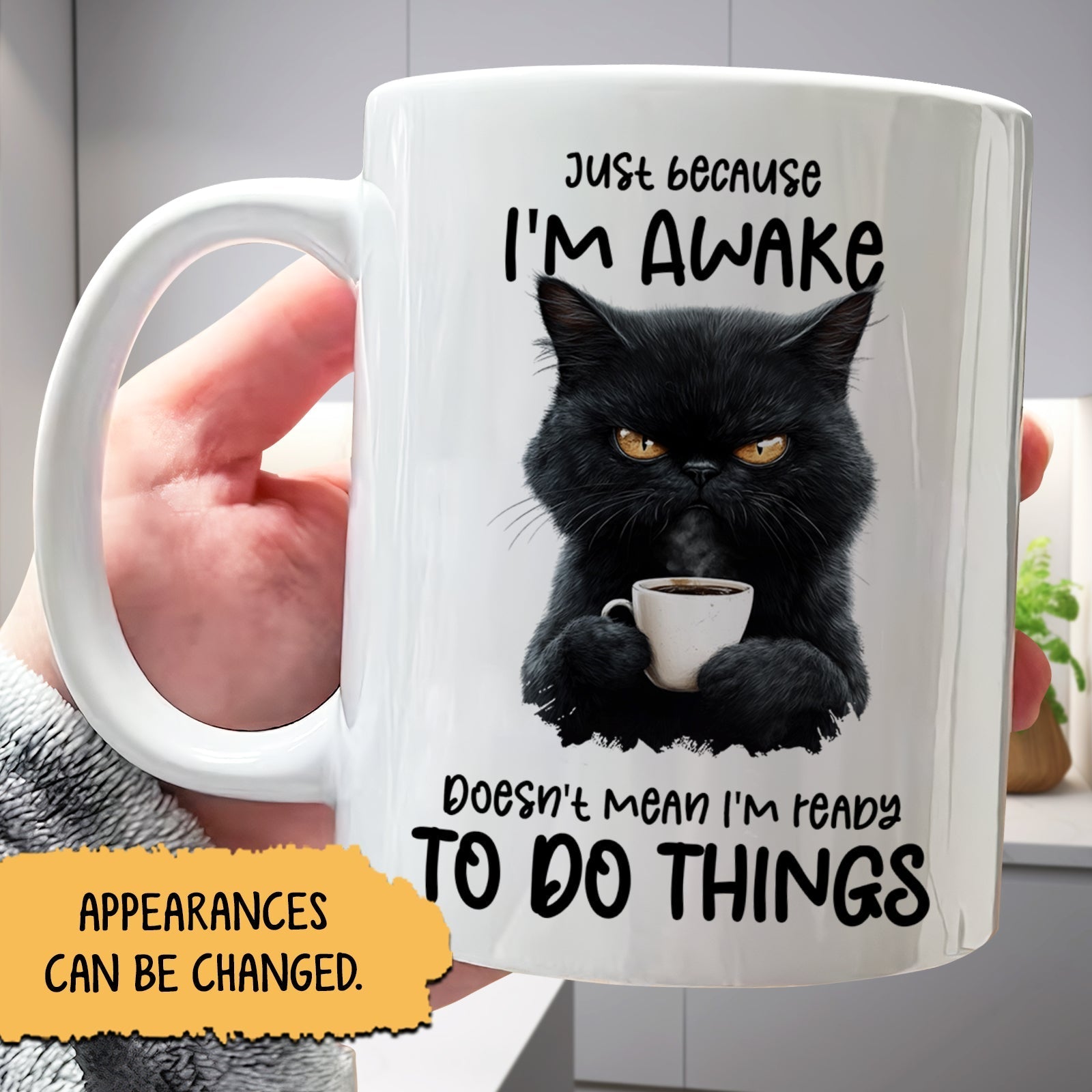 Funny personalized mug featuring a grumpy black cat with a coffee cup and humorous text