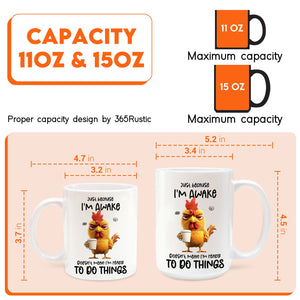 Funny personalized mug featuring a quirky chicken graphic and motivational text for daily use