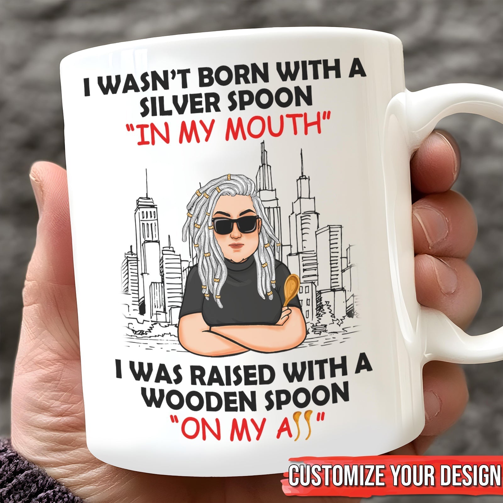 Funny personalized mug featuring a humorous quote and city skyline design