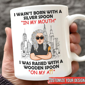 Funny personalized mug featuring a humorous quote and city skyline design