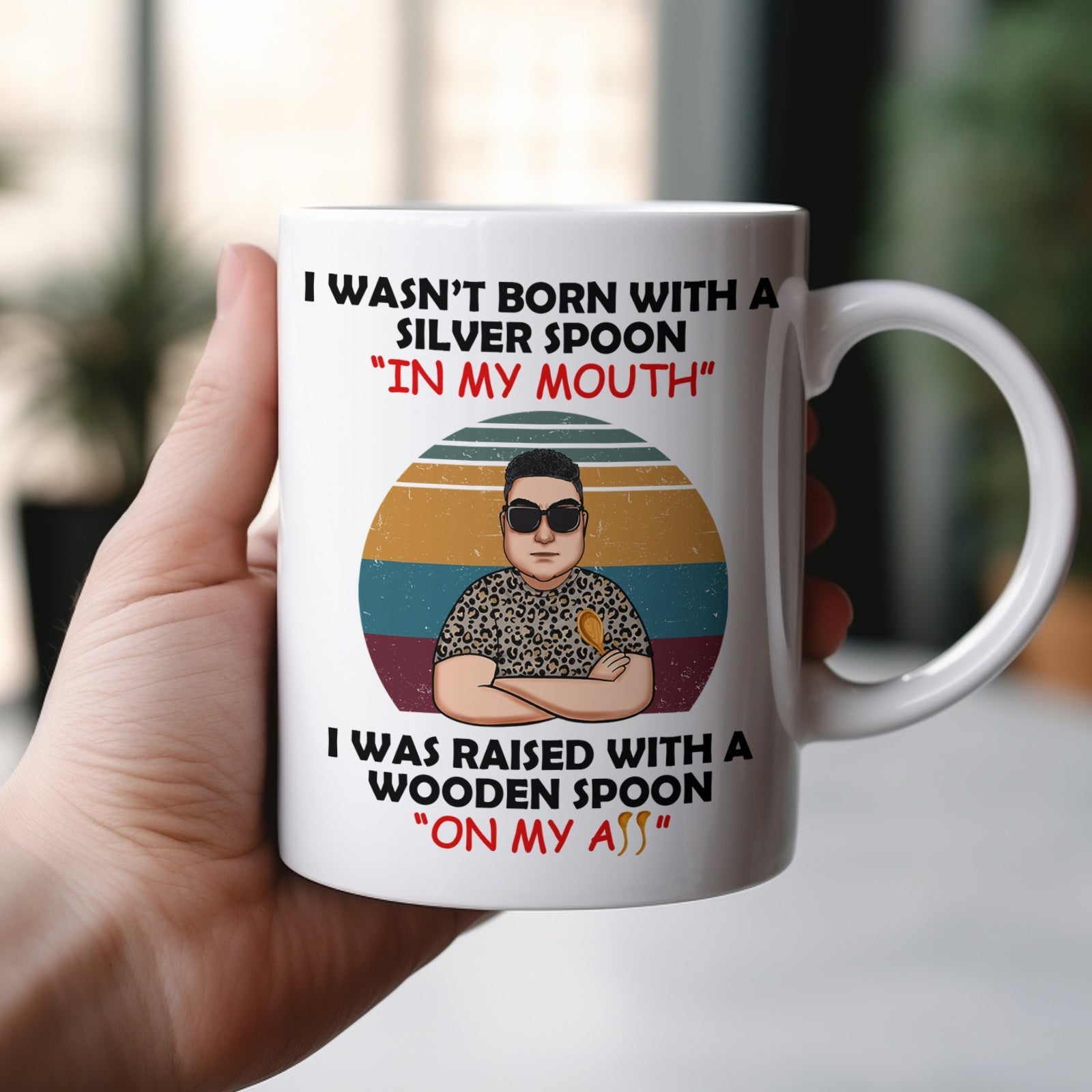 Funny personalized mug featuring a humorous quote about upbringing in a colorful design
