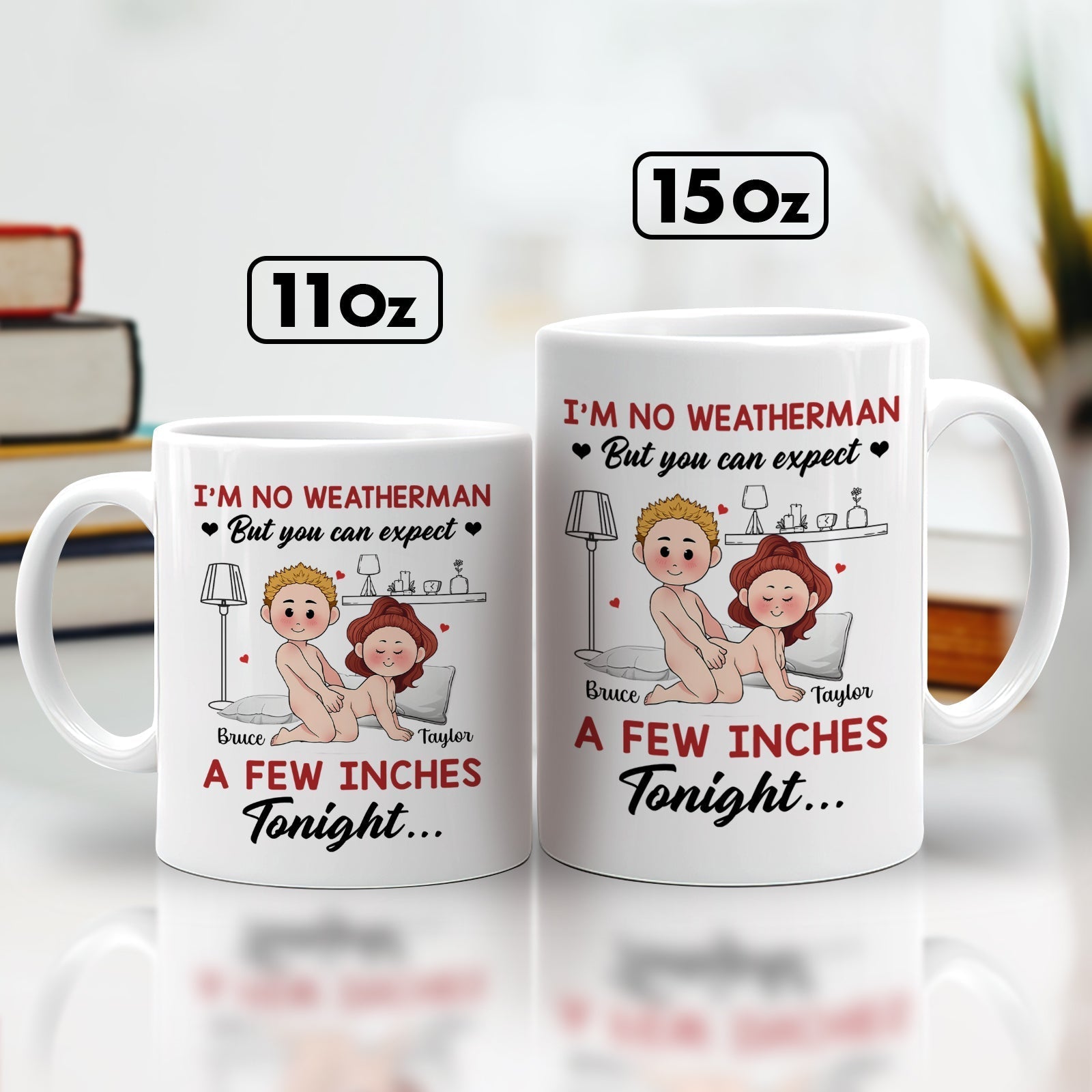 Funny romantic mug for couples featuring playful cartoon characters with humorous text