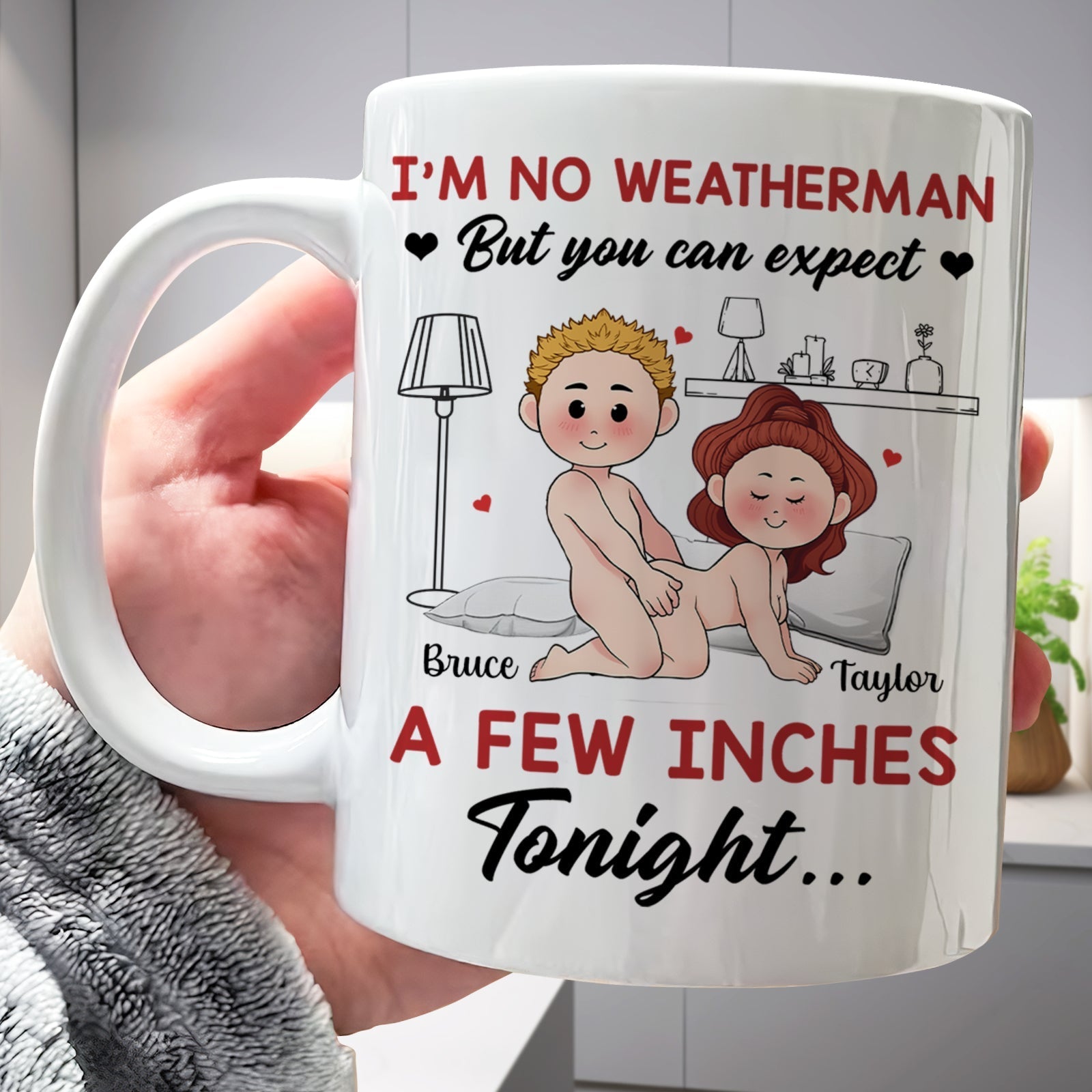 Funny romantic mug for couples with playful couple illustration and humorous text for intimate moments
