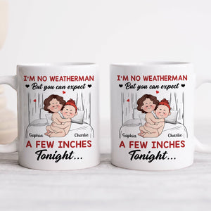 Funny romantic mug for couples featuring a playful weather-themed design with personalized names