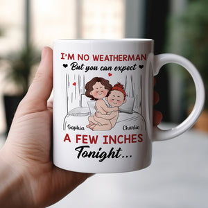 Funny romantic mug for couples featuring a playful weather-themed design with couples' names