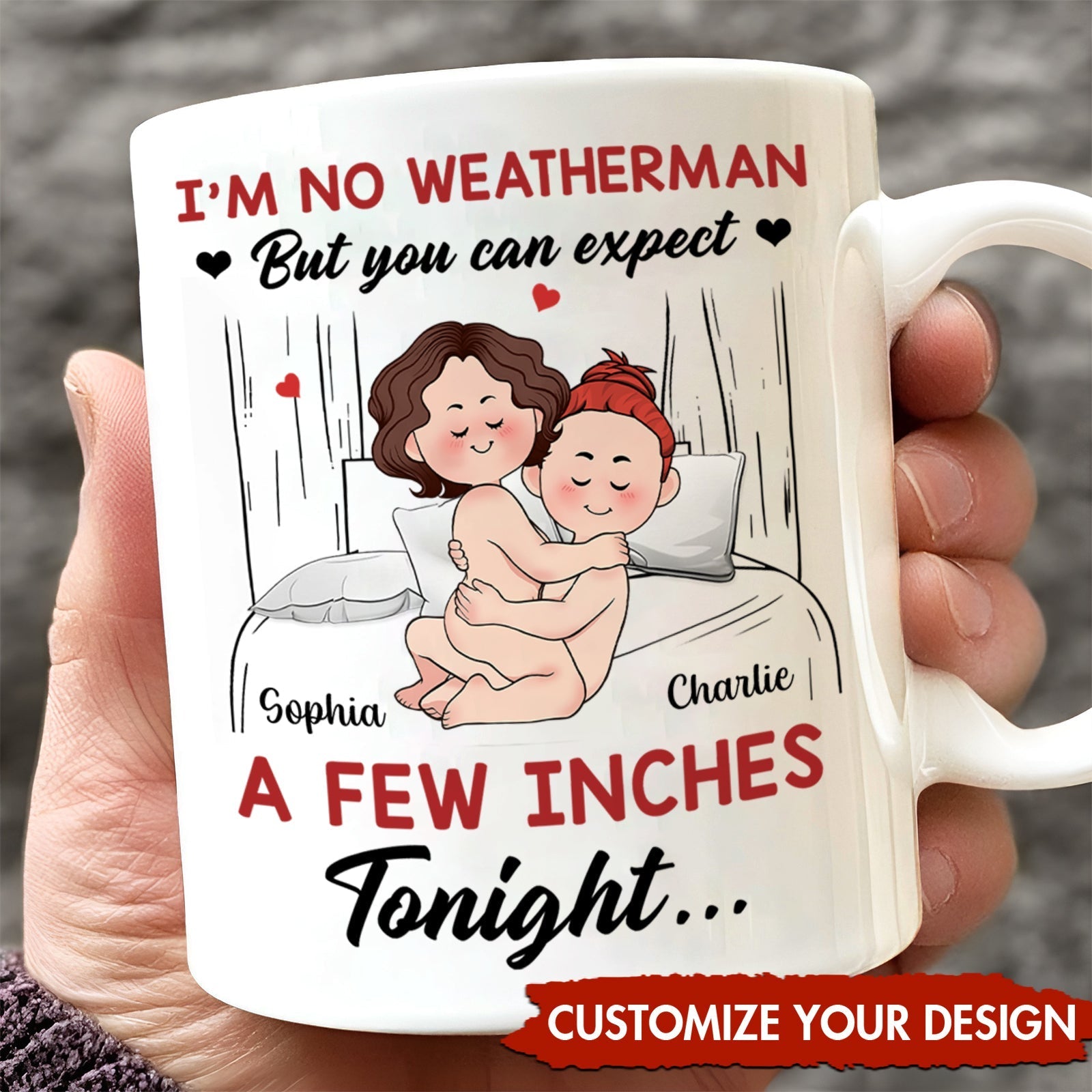 Funny romantic mug for couples featuring a custom design with playful text and cute illustrations