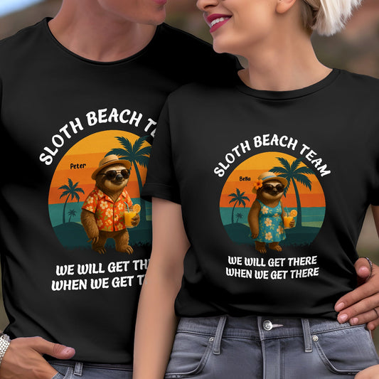 Funny sloth beach shirt gift featuring sloth in tropical outfit with palm trees and sunset background