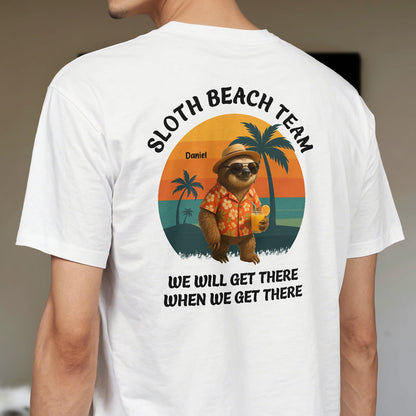 Funny sloth beach shirt gift with cartoon sloth in sunglasses and Hawaiian shirt holding a drink