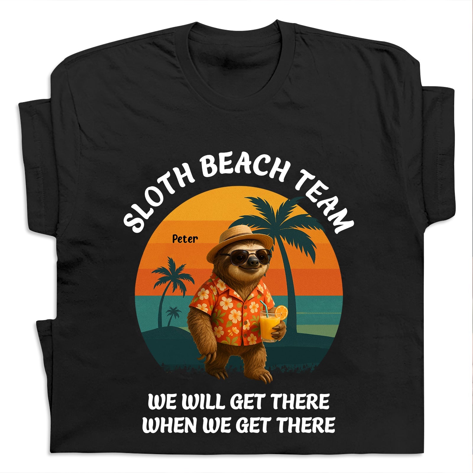 Black funny sloth beach shirt gift with sloth in sunglasses and Hawaiian shirt holding a drink