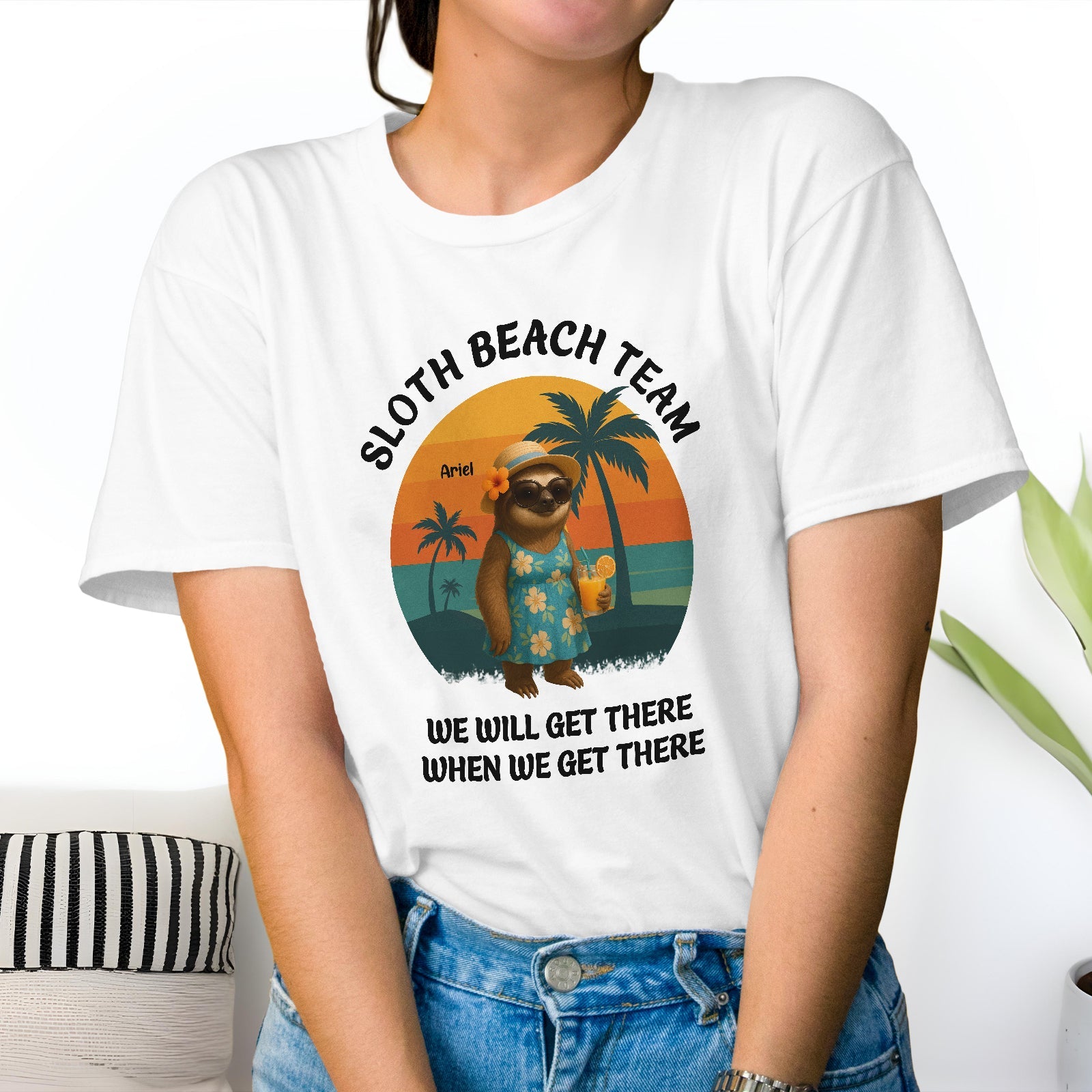 White funny sloth beach shirt gift with sloth in Hawaiian outfit and tropical palm trees