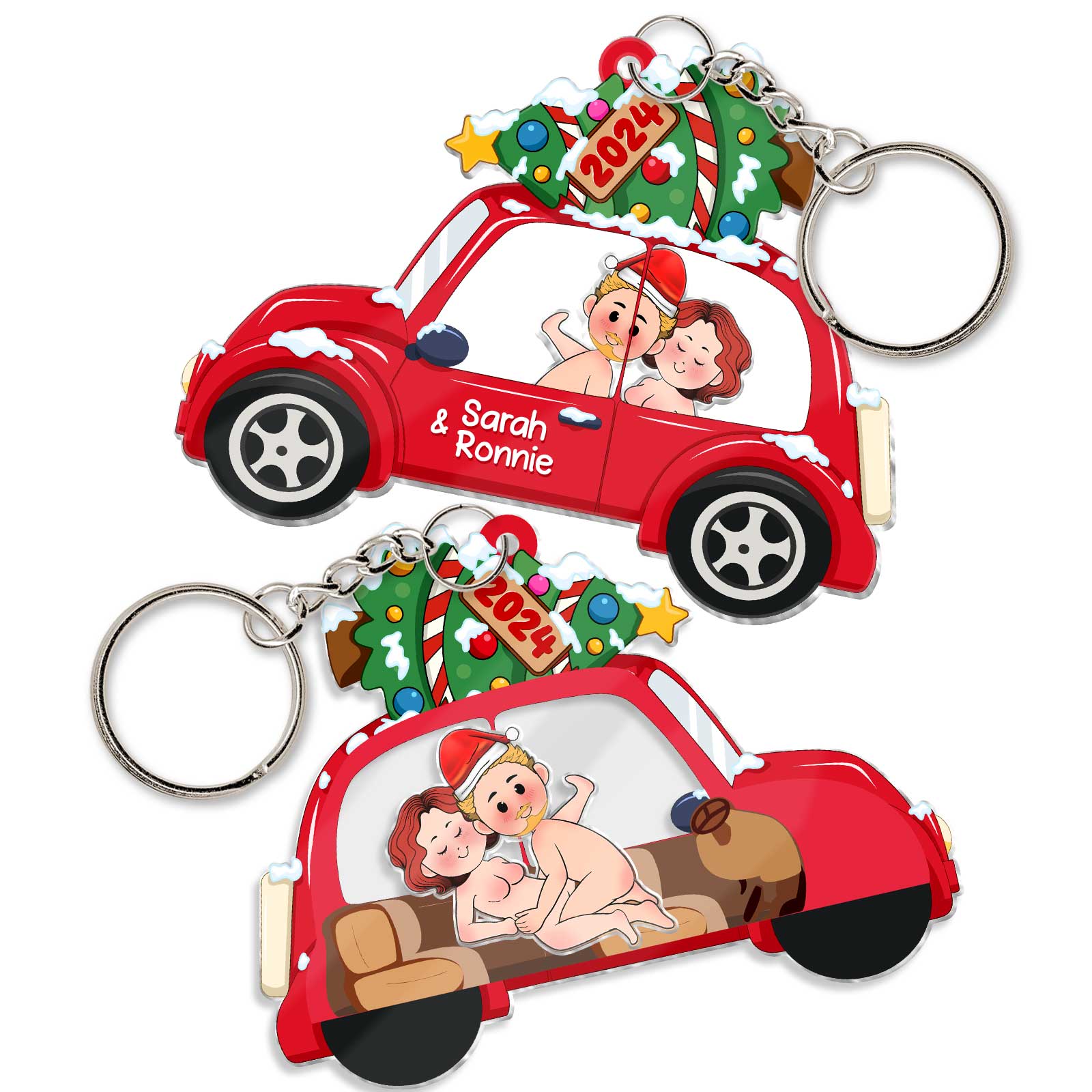 Personalized couple keychain featuring a red car with a Christmas tree and cartoon couple inside