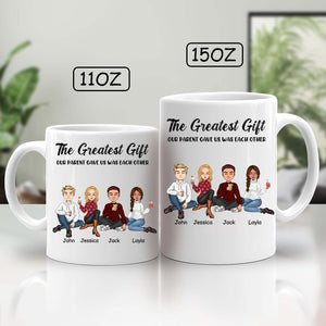 The greatest gift our parent gave us mug in 11oz and 15oz sizes with cartoon family design