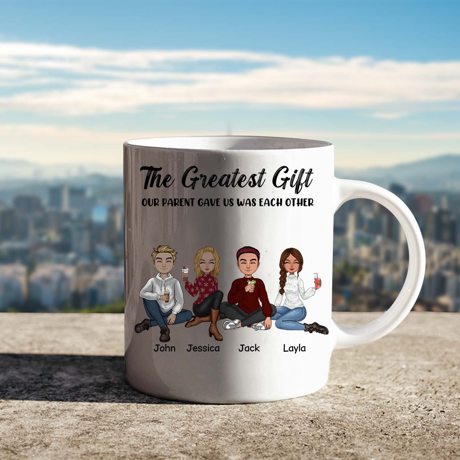 The greatest gift our parent gave us mug featuring custom family cartoon characters with names John Jessica Jack Layla