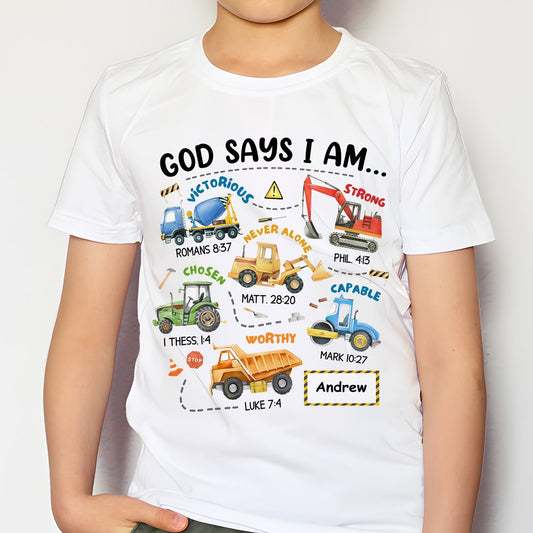 God says I am custom t-shirt with colorful construction vehicles and Bible verses for kids