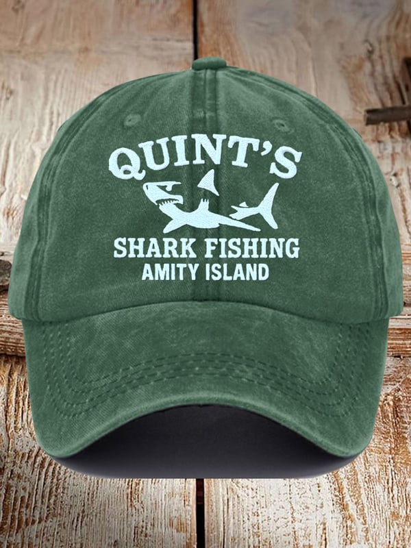 Green great white shark baseball cap with Quint's Shark Fishing Amity Island design