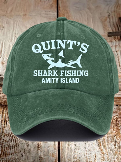 Green great white shark baseball cap with Quint's Shark Fishing Amity Island design