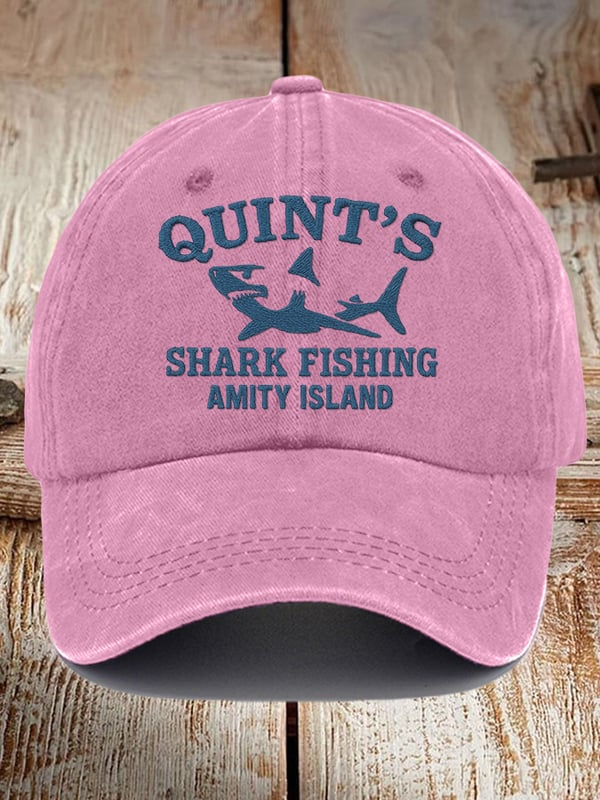 Pink great white shark baseball cap with Quint's shark fishing Amity Island design