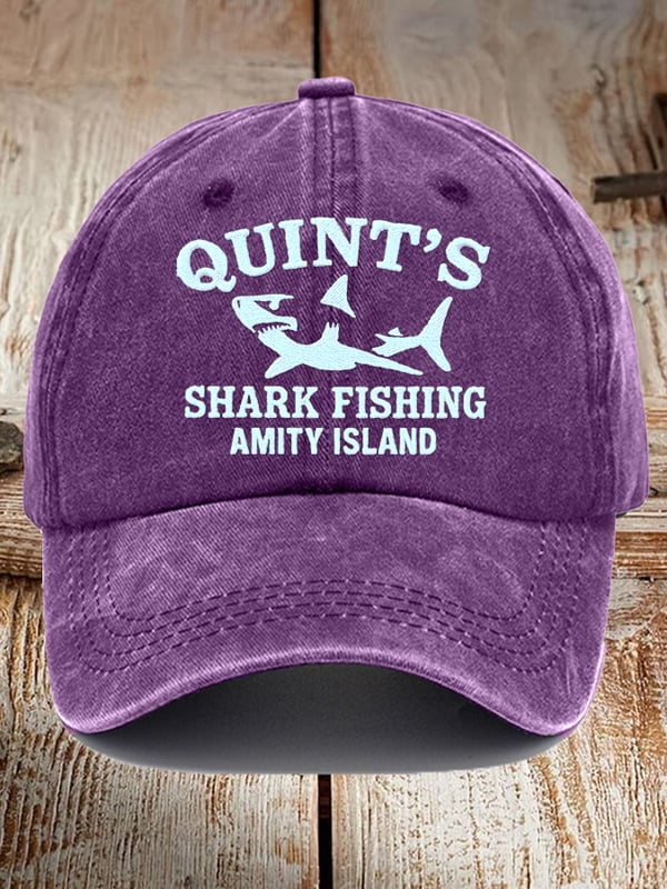 Purple great white shark baseball cap with Quint's Shark Fishing Amity Island logo