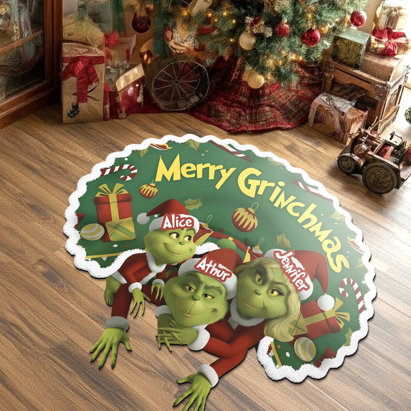 Custom Christmas door mat featuring Grinch characters and festive decorations for holiday cheer