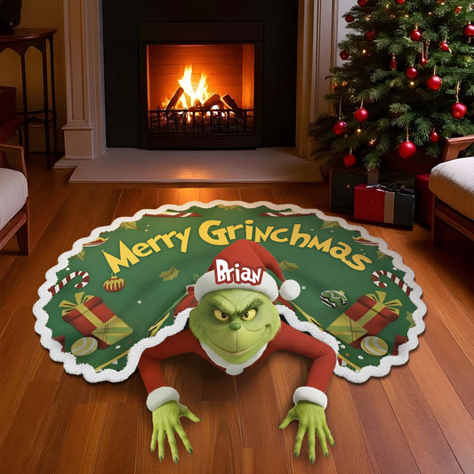 Custom Christmas door mat featuring the Grinch with festive decorations for holiday home decor