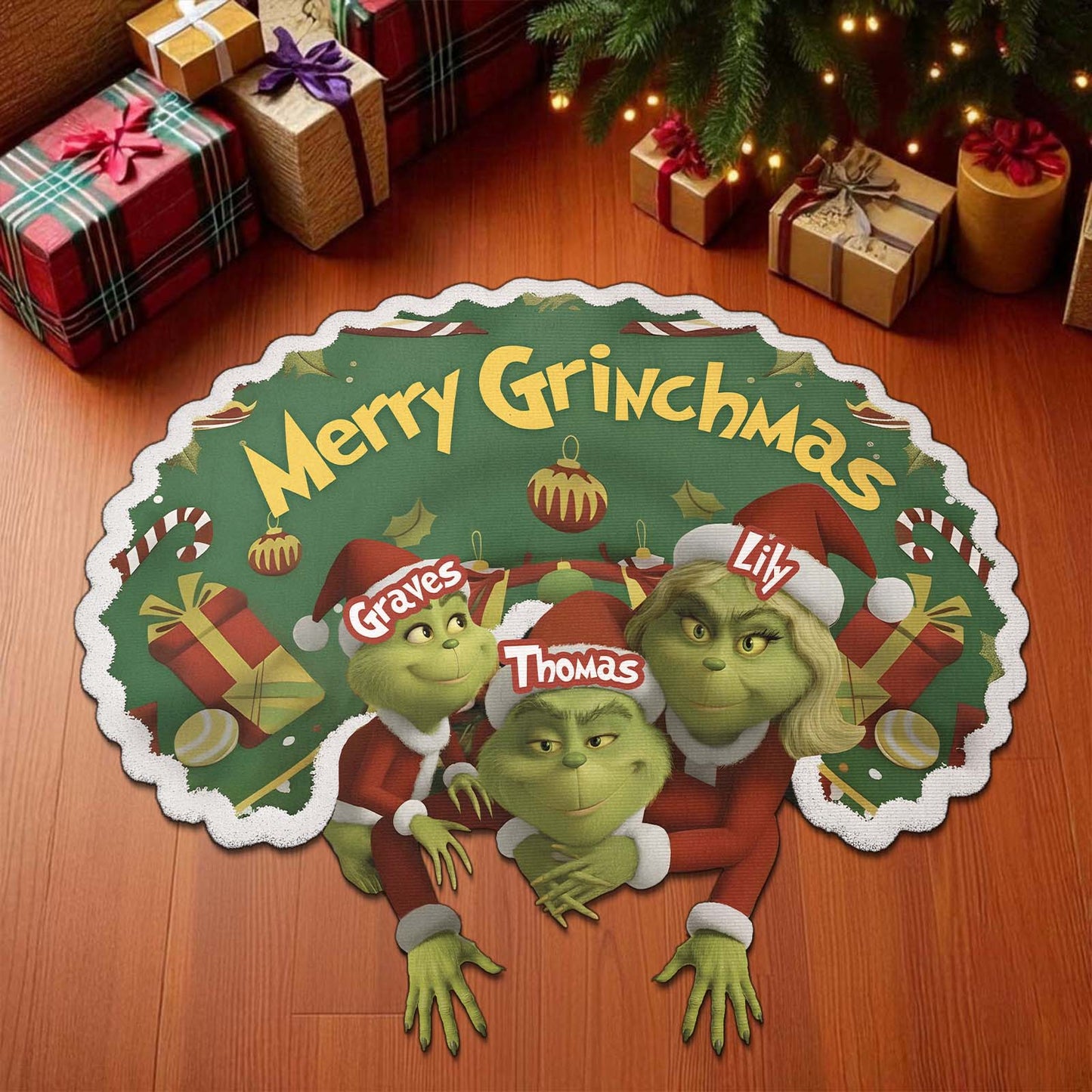 Custom Christmas door mat featuring the Grinch family design with Merry Grinchmas greeting