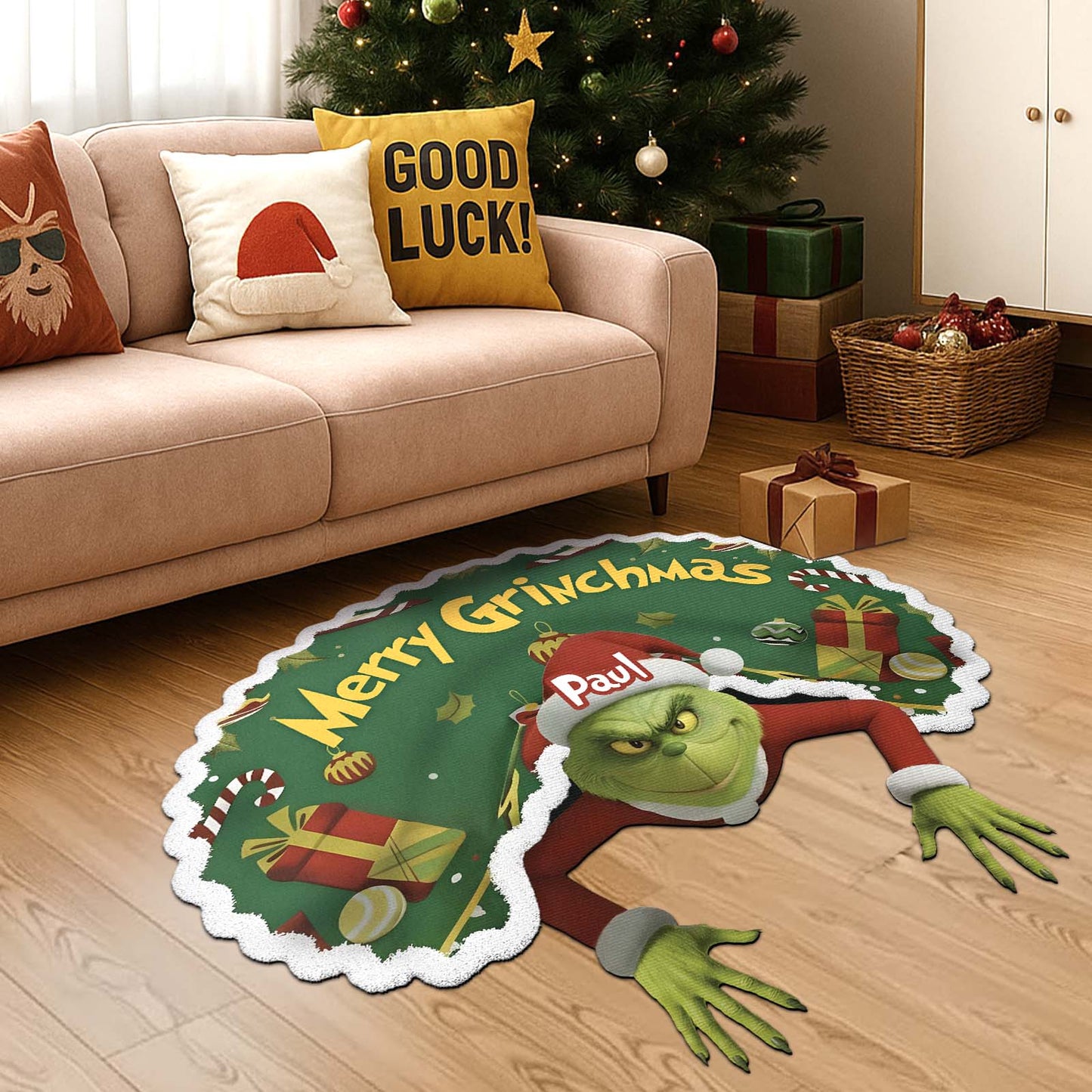 Custom Christmas door mat featuring a playful Grinch design with gifts and a festive message