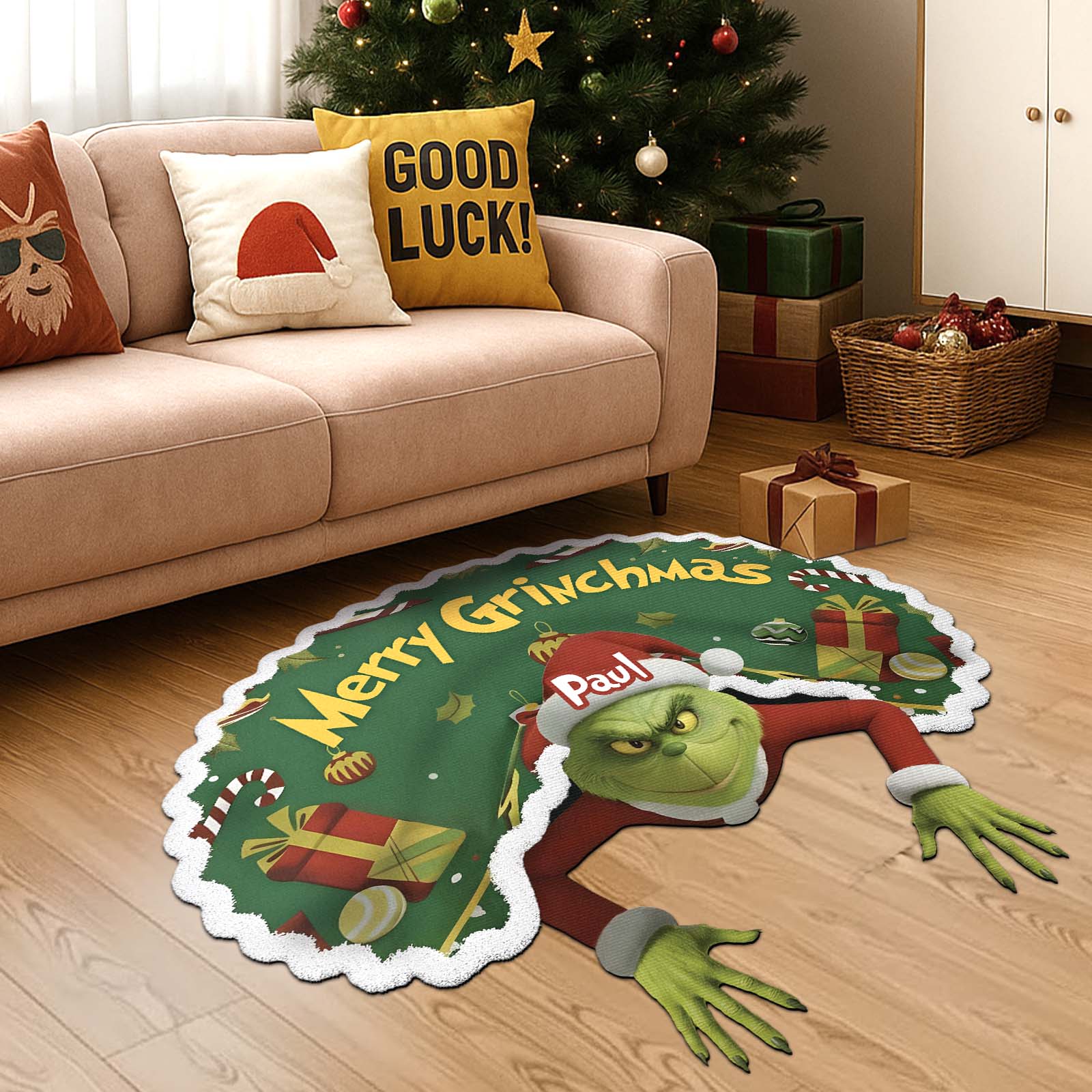 Custom Christmas door mat featuring a playful Grinch design with gifts and a festive message
