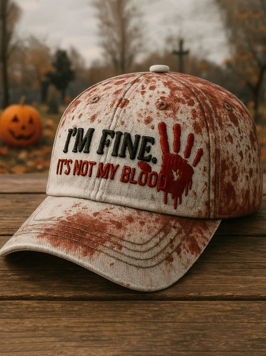 365Gifty Halloween embroidery hat with blood splatter design and red handprint on beige cap